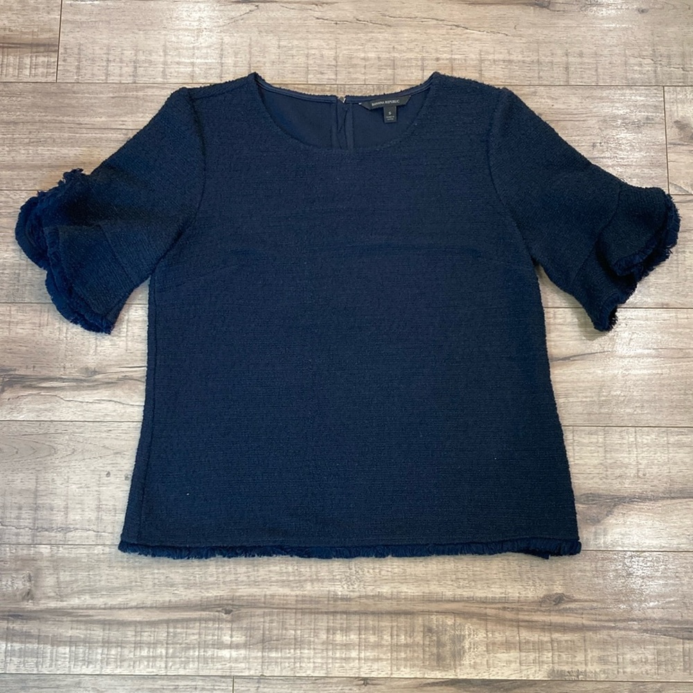 Banana Republic Navy Blue Boucle Ruffle Women's Top Blouse Size Small (P39)